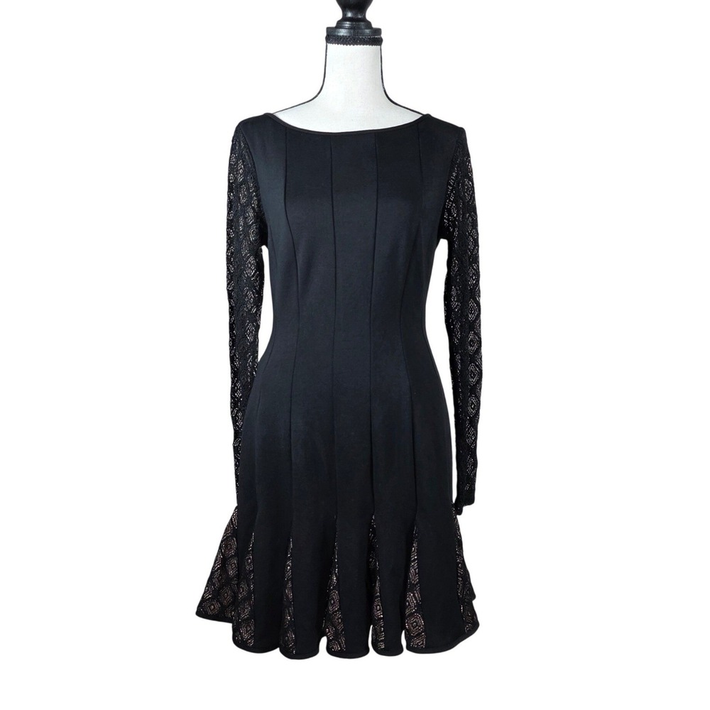 Catherine Malandrino Dress Black Lace Long Sleeve Fit Flare 4 LBD Cocktail Chic
